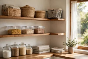 Open wooden shelves with woven baskets, clear storage bins and a wire basket organizing a kitchen pantry