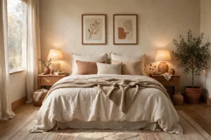 Cozy bedroom with layered neutral bedding, warm wood nightstands, and soft natural light
