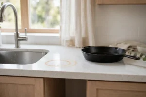 Rust ring stain on a light kitchen countertop beside a sink, left by a cast iron skillet