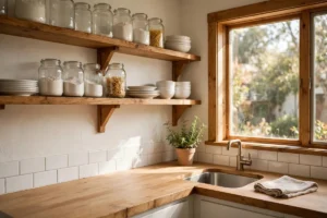 Small kitchen with open wooden shelves holding glass jars and dishes above a clear wooden counter