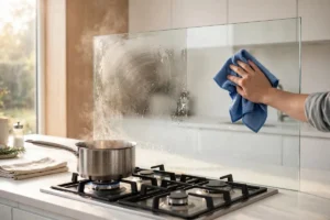 Hand wiping a glass kitchen splashback behind a gas hob with a blue microfibre cloth, clearing steam and grease
